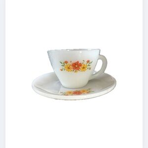 Vintage MCM Fire King Floral Milk Glass Teacup & Saucer Cottagecore
